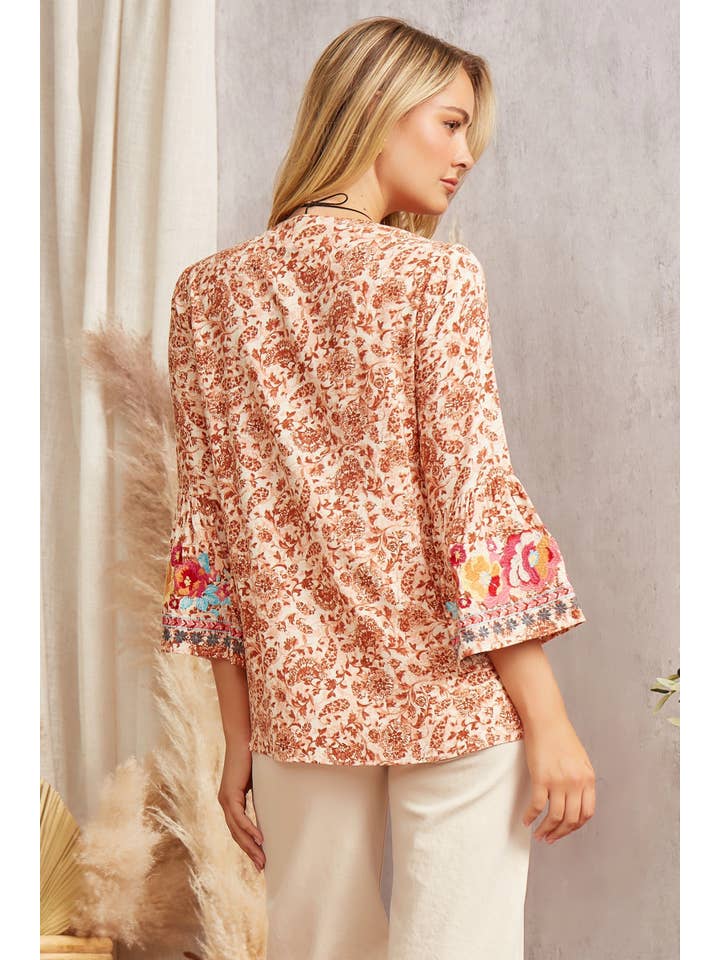 BEIGE RUST Embroidered Top With Split Neckline 12884-43 for wholesale on Faire