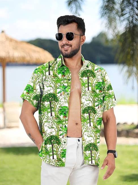 HAPPY BAY Men's Hawaiian Shirt Allover Green Trees P00229 for wholesale on Faire1