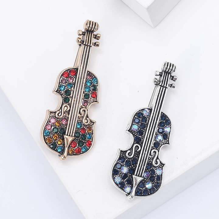 Colorful Rhinestone Violin Brooch, Elegant Music Lapel Pin for wholesale by Tourtiwi