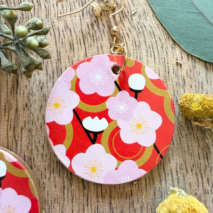 Brincos de Disco de Madeira – Floral Rosa e Vermelho por atacado de Pin Up Cosmetics