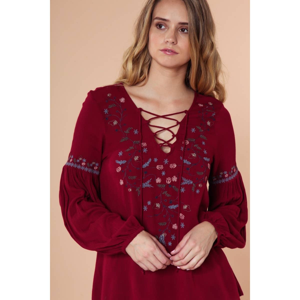 Naked Zebra Rack – wholesale Blouse – Women’s – Embroidered Lace Up Long Sleeve Blouse6