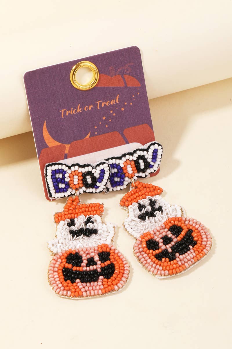 MULTI Beaded Jack O Lantern Boo Halloween Earrings for wholesale on Faire