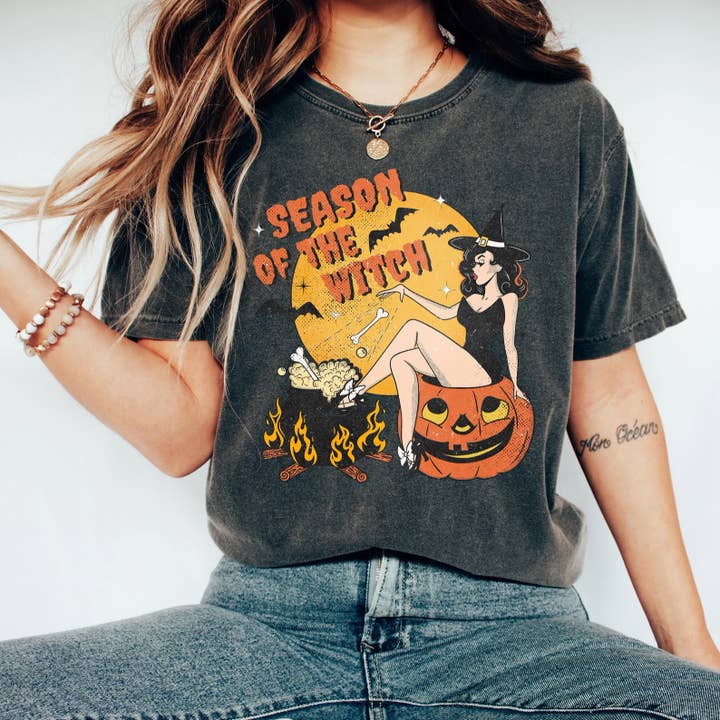 Season Of The Witch Halloween Retro T-Shirt for wholesale by Rags Revived