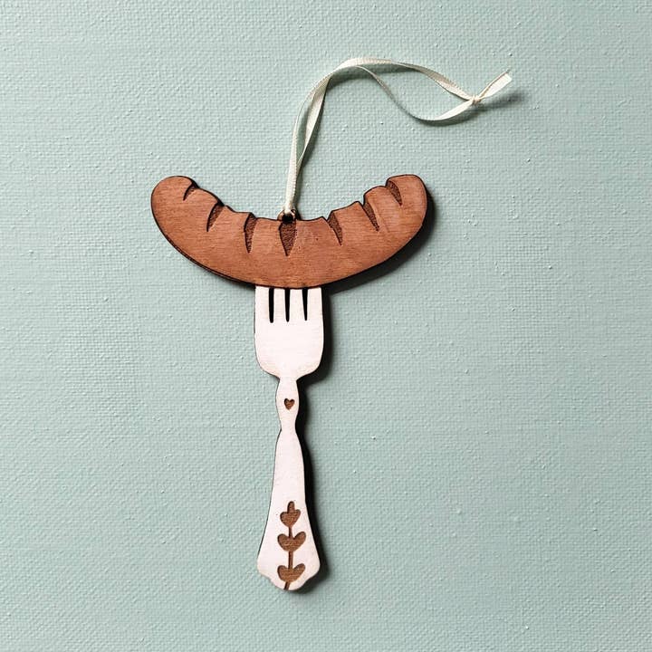 Laser Engraved Wood Burned Sausage Ornament Polish Folk Art for wholesale by Pole Cat Club