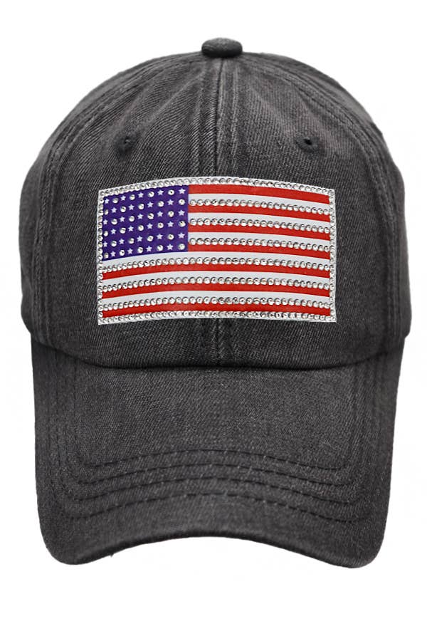 Cap Zone - Wholesale Baseball Cap - Unisex - American Flag Rhinestone Patch Washed Denim Baseball Cap22
