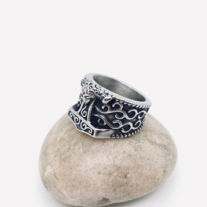 Mio Queena - Wholesale Signet Ring - Viking Crow Thor's Hammer Men's Stainless Steel Ring - MJ/MR1