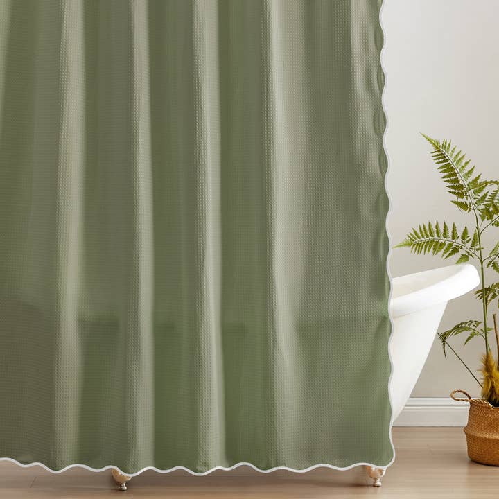 Anemona Shower Curtain (White/Sage) for wholesale by Monday Moose