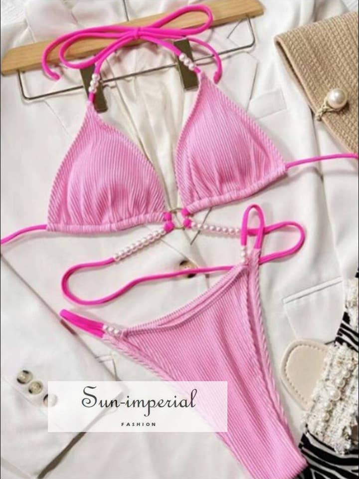 Conjunto de bikini rosa con forma de aro central para mujer con abalorios para venta al por mayor de Sun Imperial