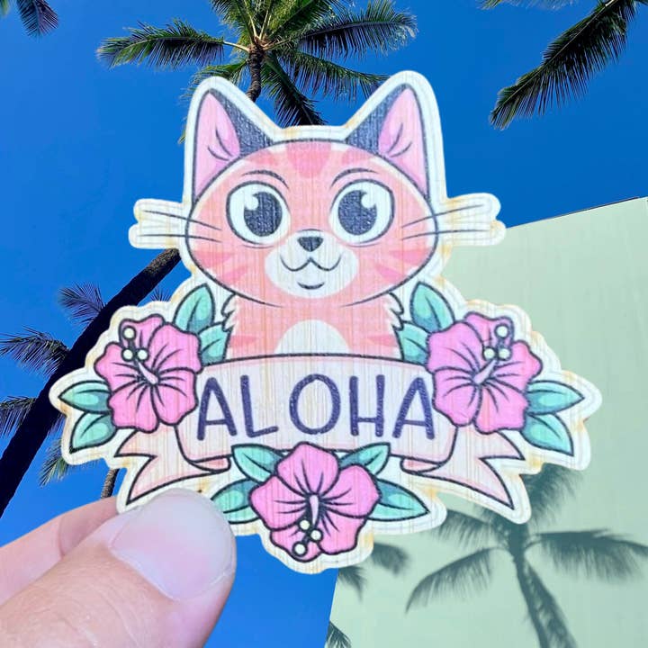 Aloha Cat Eco-Friendly Bamboo Sticker for wholesale by Bamboo Wood Stickers