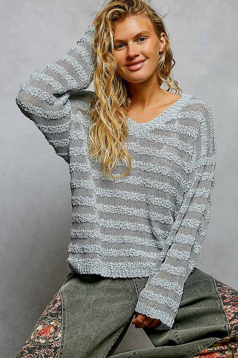 Pol Clothing - Wholesale Knit Sweater - Women's - V Neck Long Sleeve Striped Knit Acrylic Thin Sweater SALE0