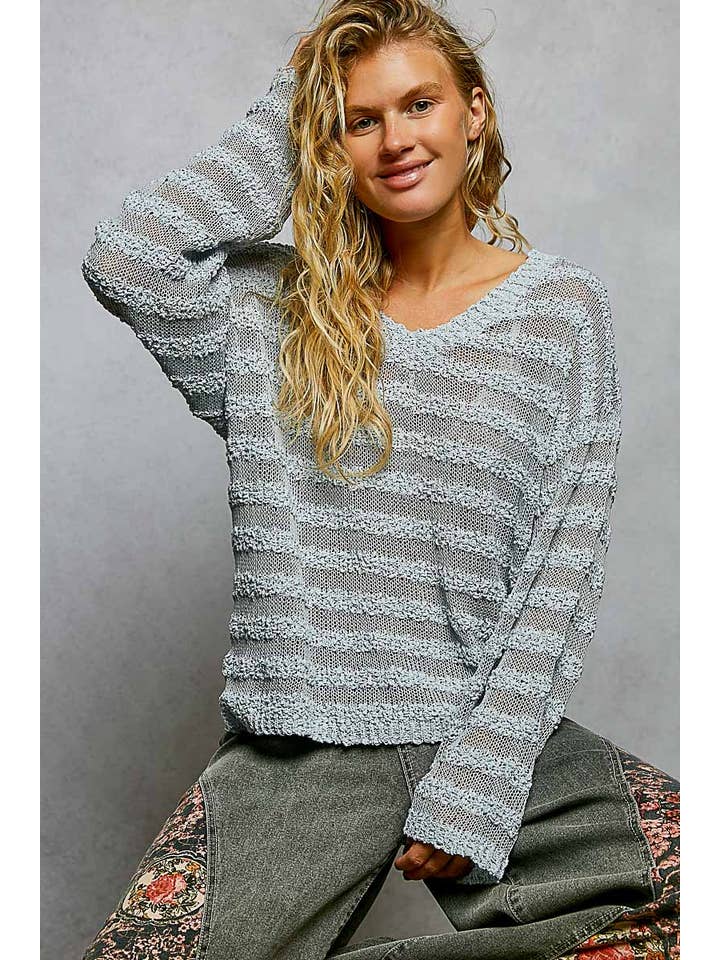 Pol Clothing - Wholesale Knit Sweater - Women's - V Neck Long Sleeve Striped Knit Acrylic Thin Sweater SALE