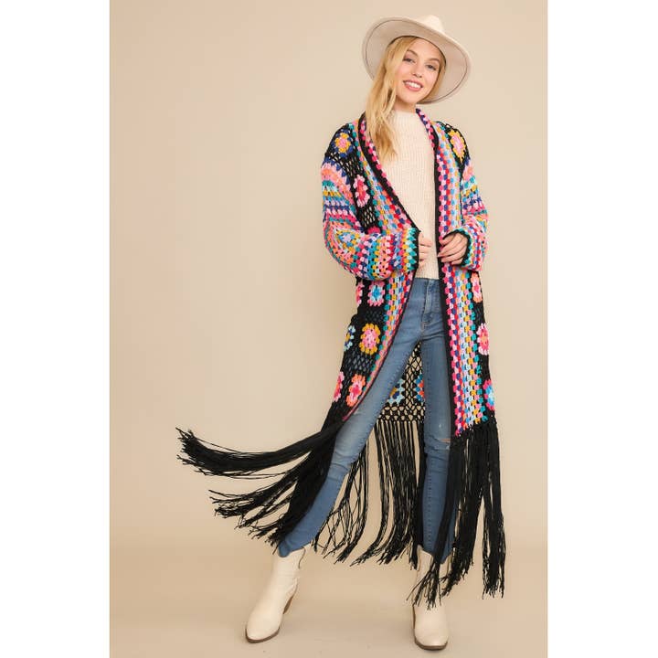 Sweet Generis - Wholesale Cardigan - Women's - COLORFUL CROCHET FRINGE CARDIGAN DUSTER