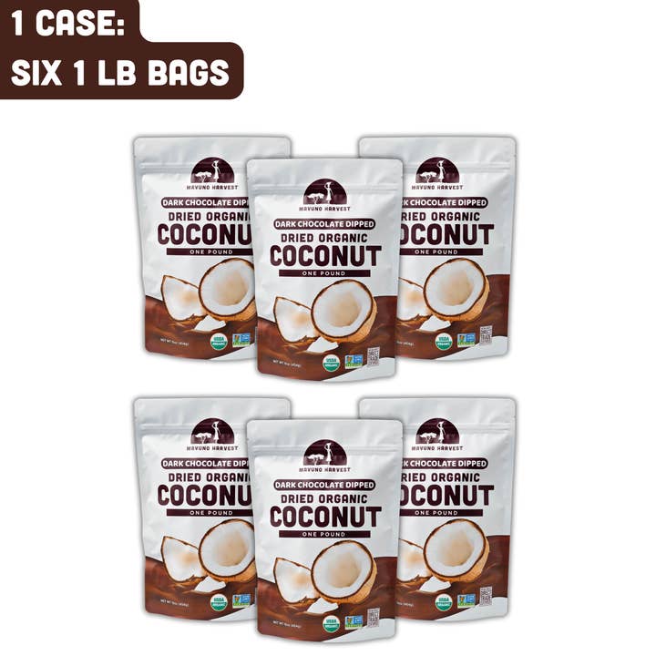 Mavuno Harvest Organics - Wholesale Dried/Dehydrated Fruit - Organic Dark Chocolate Dipped Dried Coconut, 6-pack case