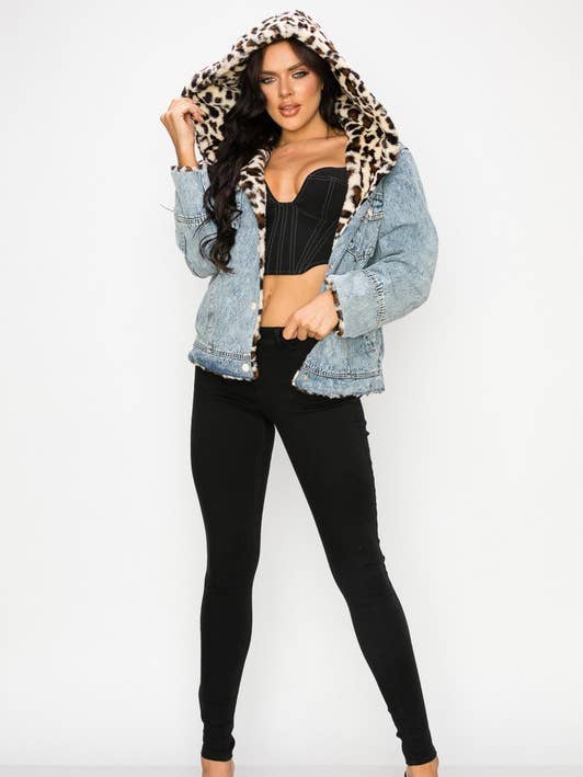 SHJ0913-PUFF SLEEVES DENIM JACKET WITH LEOPARD PRINT FUR for wholesale by Vibrato Clothing