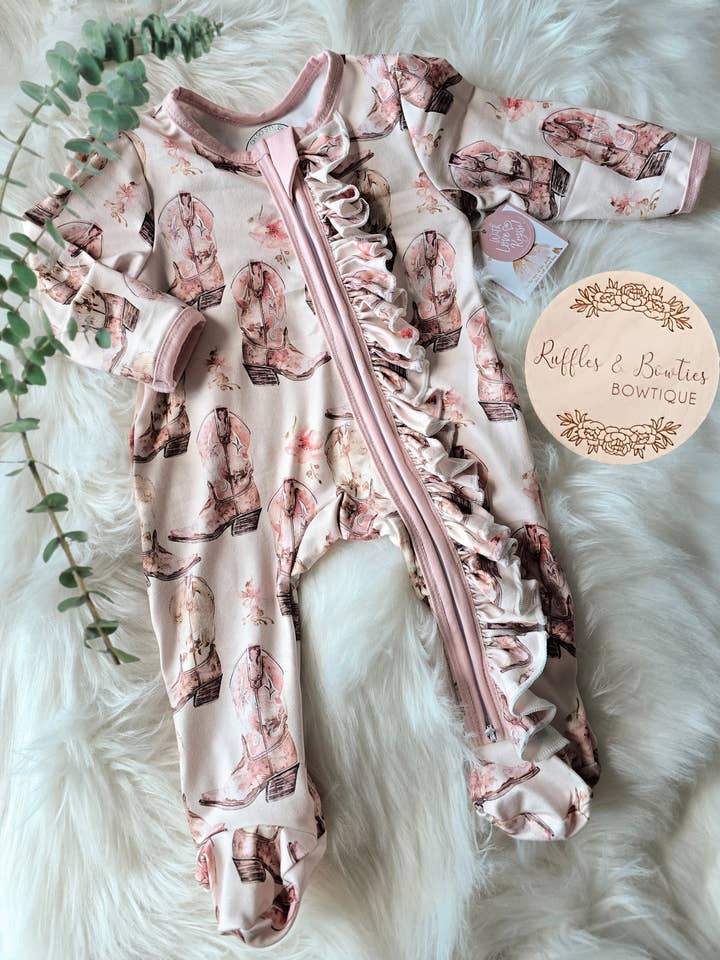 Rufflеѕ & Bоwtіеѕ - Affordable Boys & Girls Clothing - Wholesale Sleepsuit - Baby - Baby Girls Sleepers Jumpsuit - Western Cowboy Boots