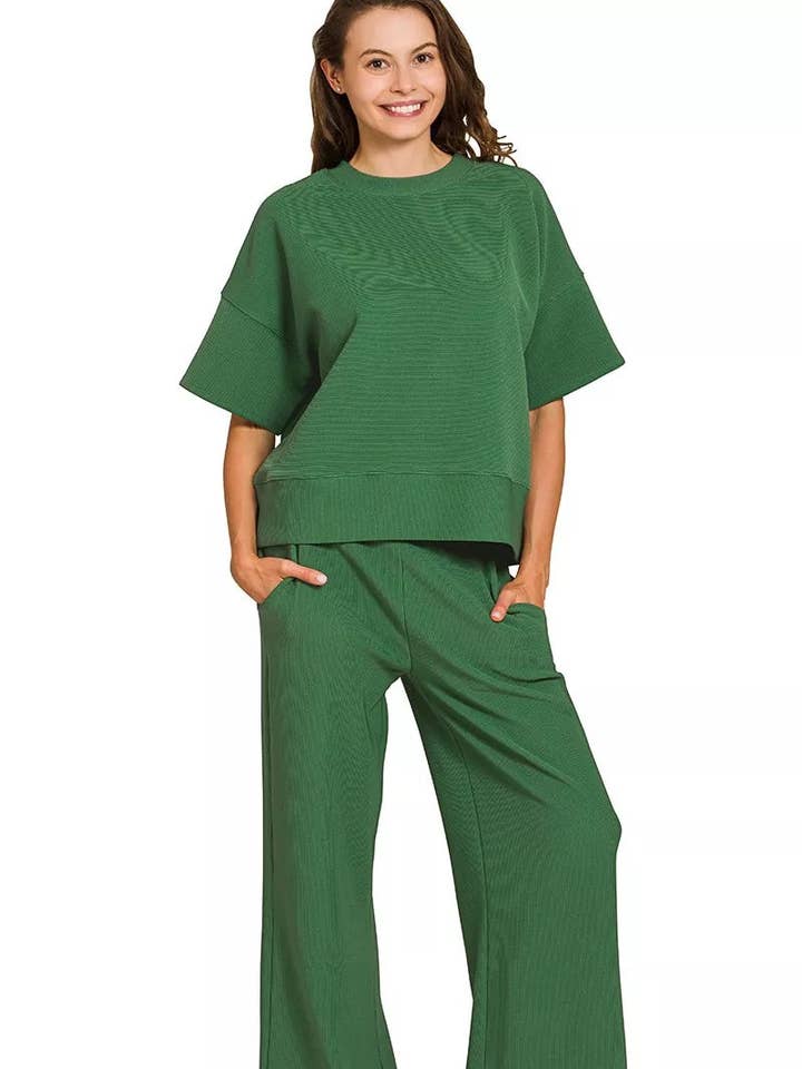 Zenana Ribbed Round Neck Tee & Pants Set for wholesale by Garden Naked