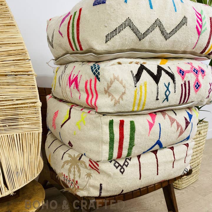 BohoVibeCraft - Wholesale Pouf - Multicolored Moroccan Kilim Pouf, Floor Pouf, wool colored2