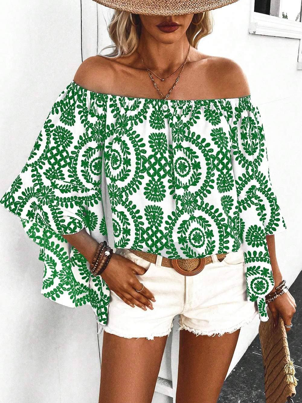 Queen Fashion – wholesale Blouse – Women’s – shoulder blouse with plant print and flare sleeves27