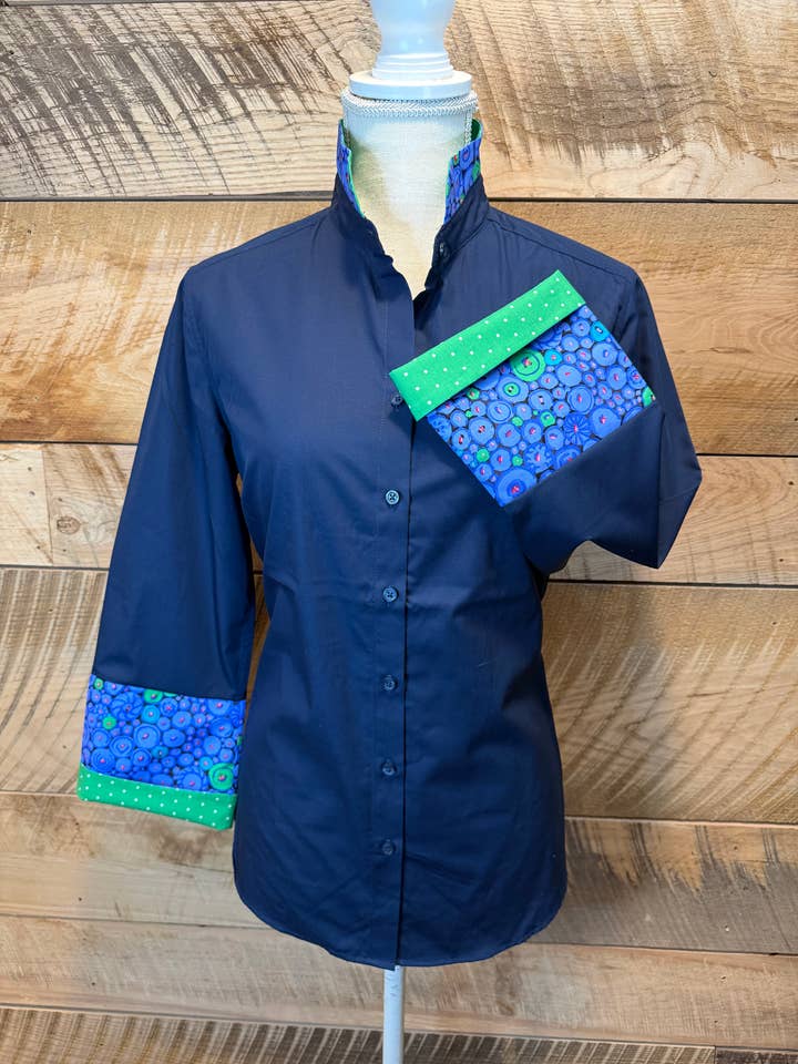 Beth Bell Sleeve 3/4 -Navy w Green Dots & Blue Button Dots for wholesale by Pearly Vine