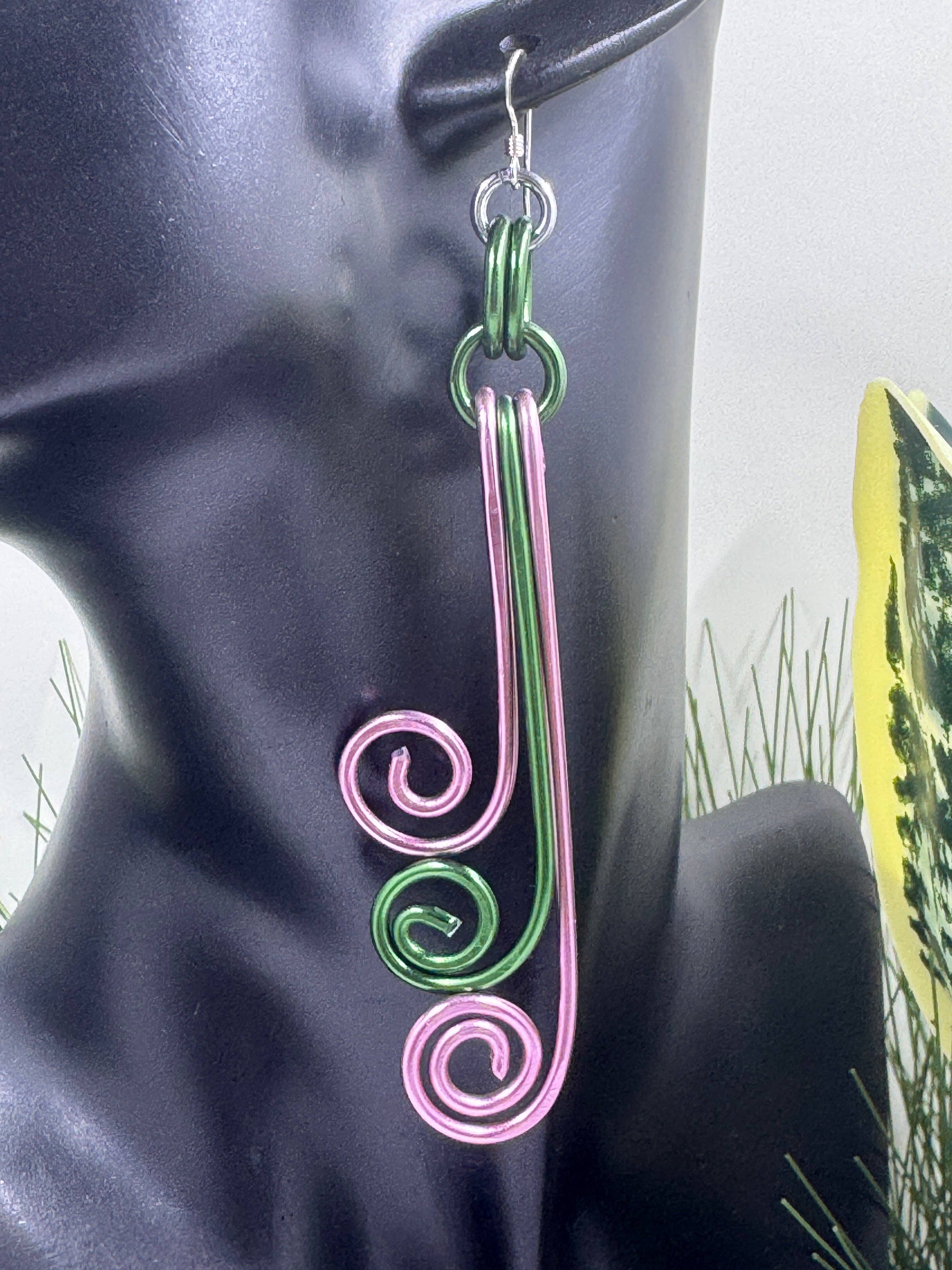Jewelry With Me - Wholesale Dangle Earrings - AKA Sorority Inspired Pink and Green Spiral Wire Earrings1