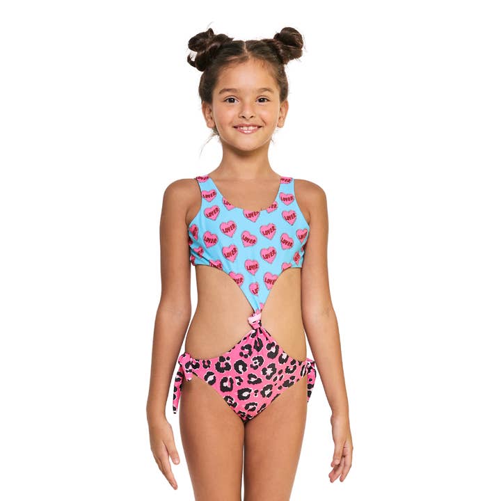 Cheetah Heart One Piece Short Sleeves Swimsuit for wholesale by Too Cool Beachwear
