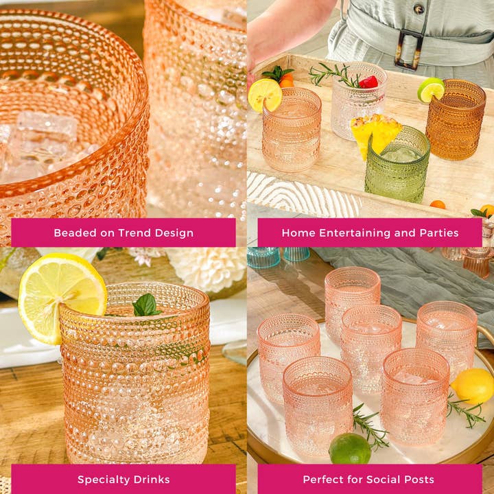 Kate Aspen - Wholesale Drinking Glass/Cup - 10 oz Beaded Rose Gold Old Fashion Drinking Glasses (6pcs)