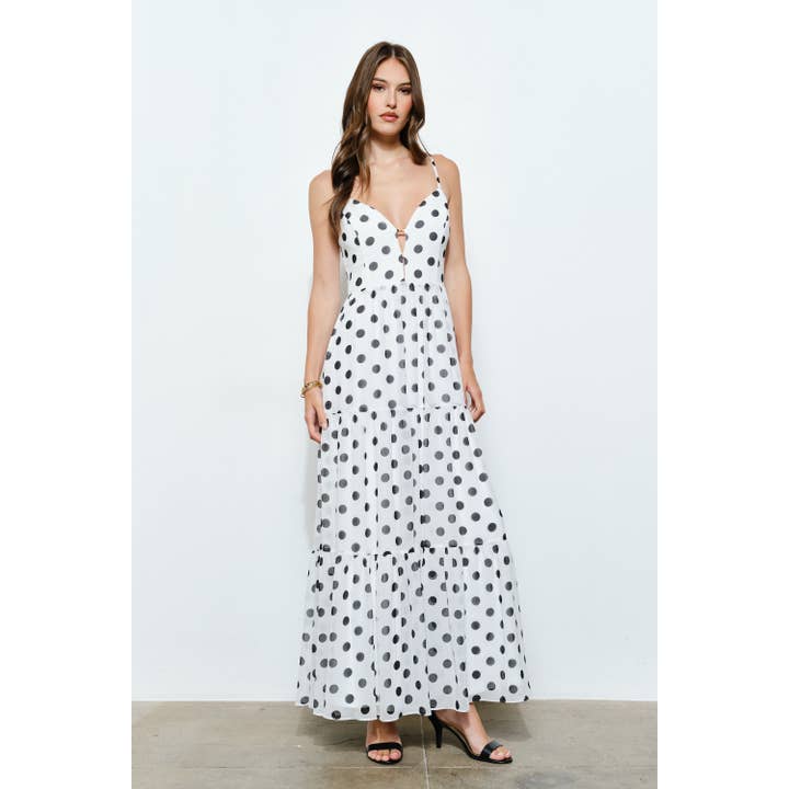 Gold Metal Accent Polka Dot Tiered Maxi Dress for wholesale by INA