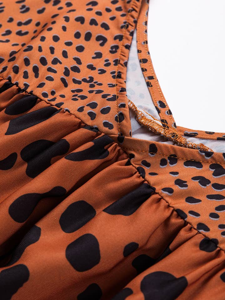 Brown Contrast Leopard Print Bubble Sleeve Blouse for wholesale on Faire7