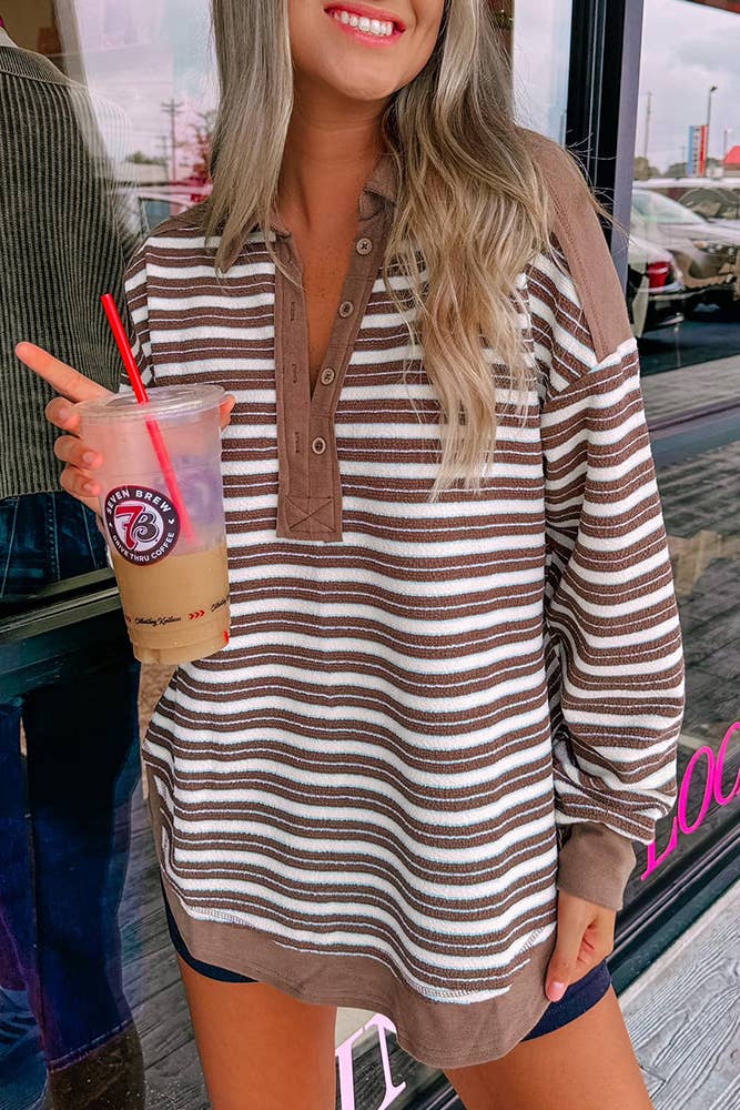 UNISHE - Wholesale Blouse - Women's - Oversized Striped Fleece Pullover Stand Collar Top CY1672