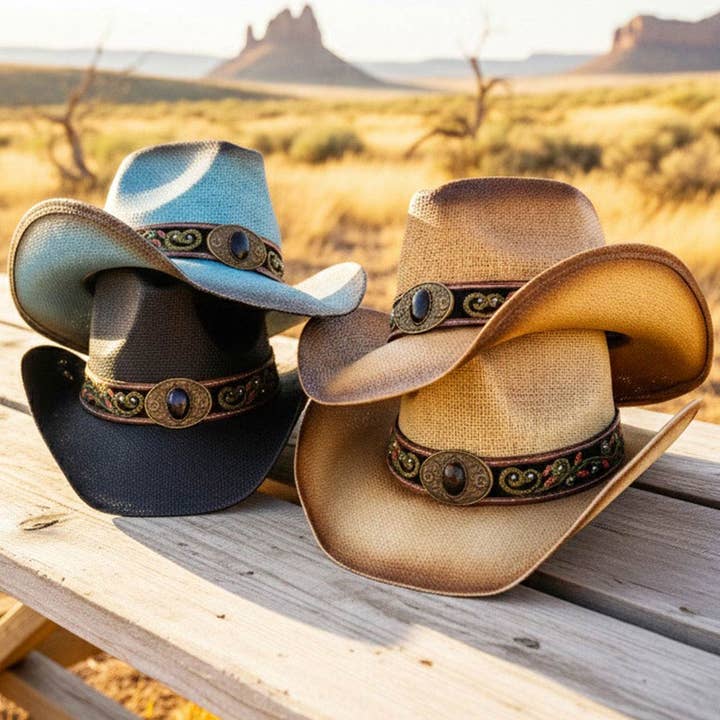 Boho Oval Stone Accent Ornate Faux Leather Band Distressed Straw Western Cowboy Hat for wholesale by Sensibling Corp.
