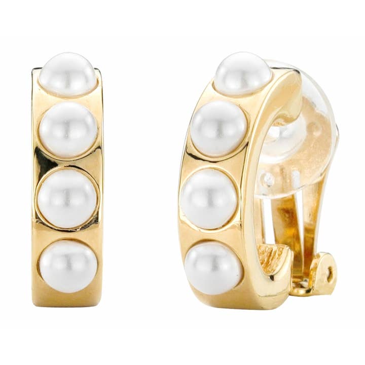 Traveller Clip earrings - gold plated - white pearls for wholesale by Hollander Jewels B.V.
