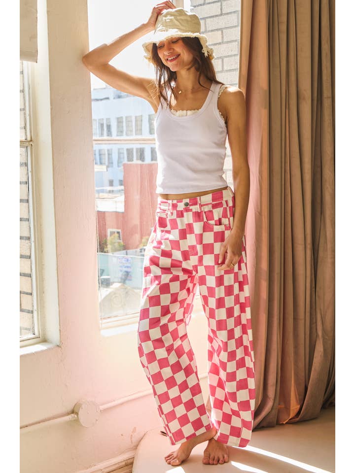 Oddi - Wholesale Pants - Women's - Checkered Printed Barrel Denim Pants1