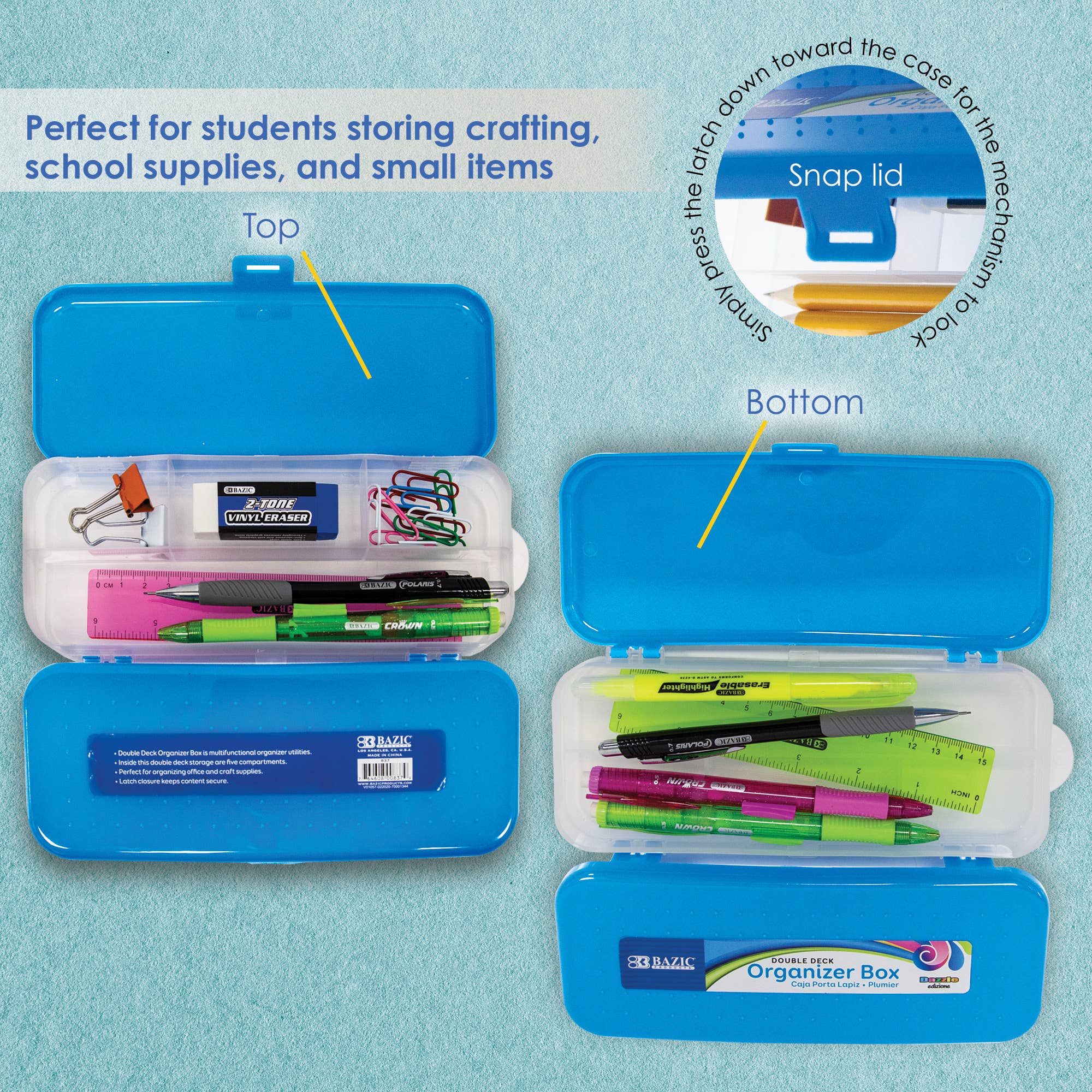 BAZIC Products - Wholesale Pencil Case/Pouch - Pencil Case 8" Bright Color Double Deck Organizer Box5