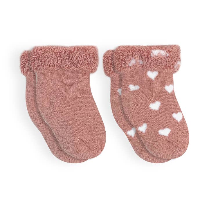 Solid/Hearts Infant Socks - 2 Pack - Rose for wholesale by Kushies Baby