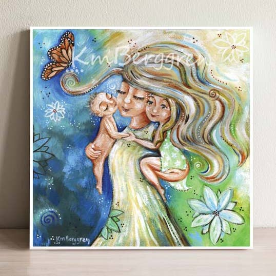 Balancing Life - Mom Carrying Two Kids Art Print for wholesale by Katie m. Berggren art & design, LLC