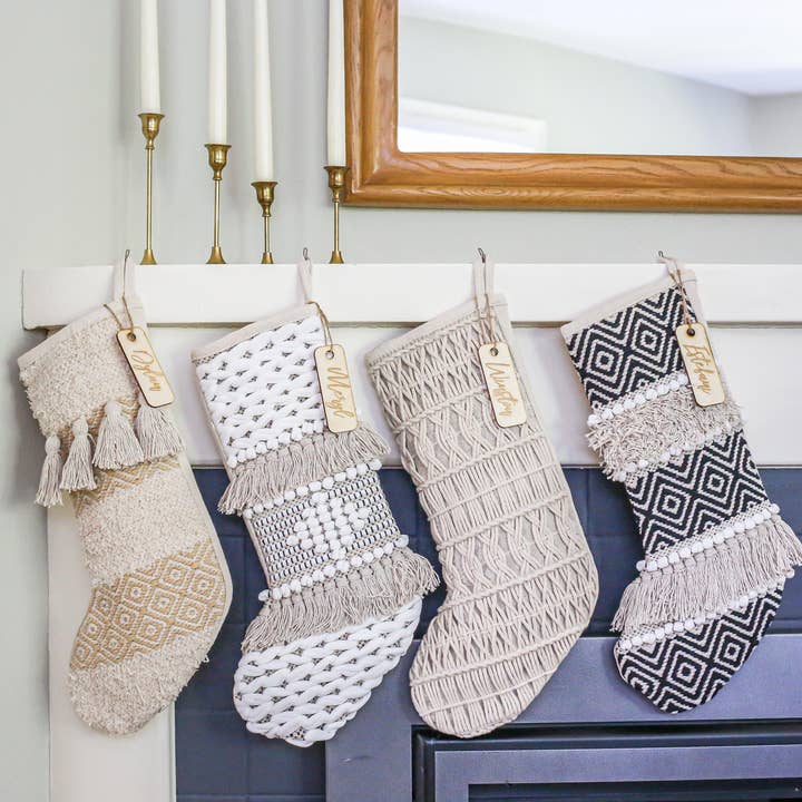 NOEL by Alma Home - Wholesale Holiday Stocking - Geometric Boho Stockings | Set of Four | Bohemian Christmas