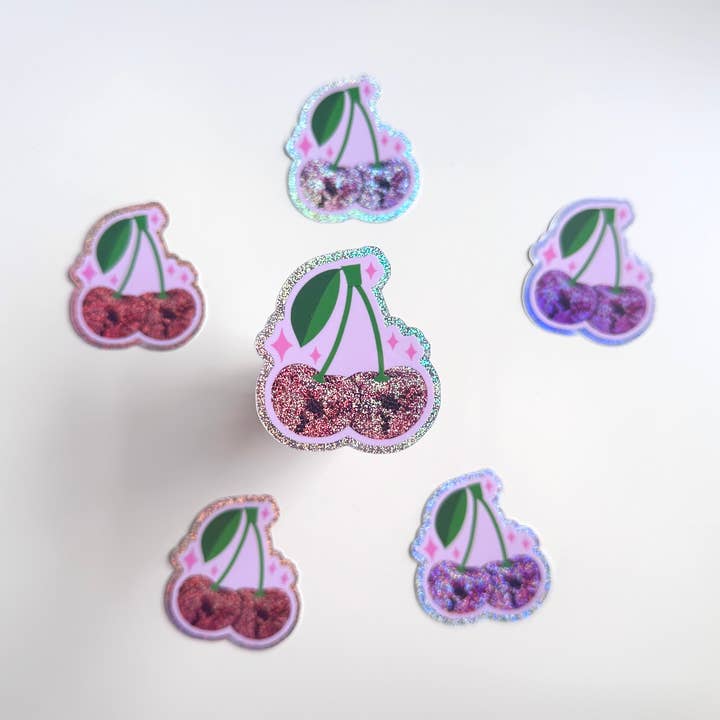 Holographic Sticker | Glitter Pink Disco Ball Cherries for wholesale by Dolly’s Doodles