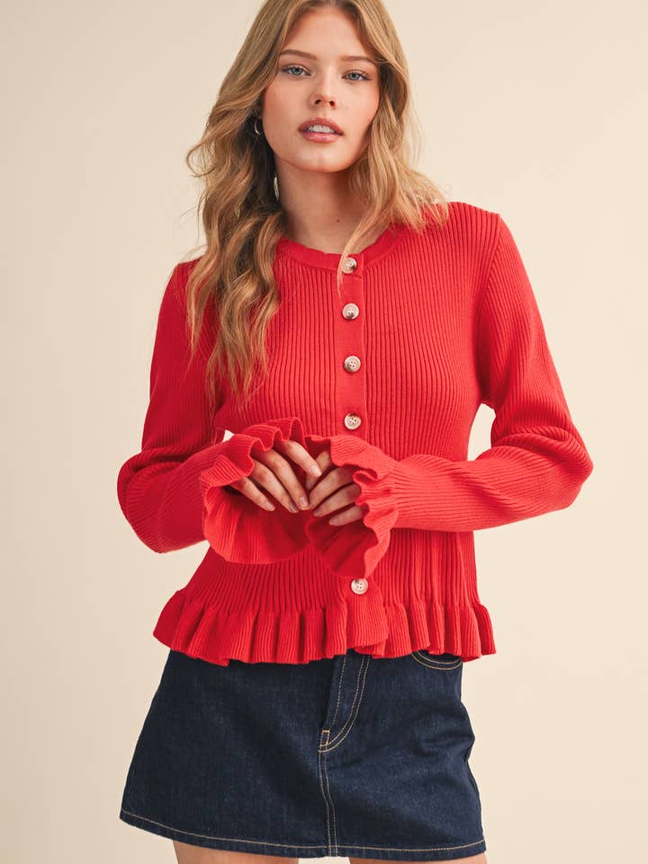 &MERCI - Wholesale Cardigan - Women's - RUFFLE HEM RIBBED KNIT SWEATER CARDIGAN MSW112496