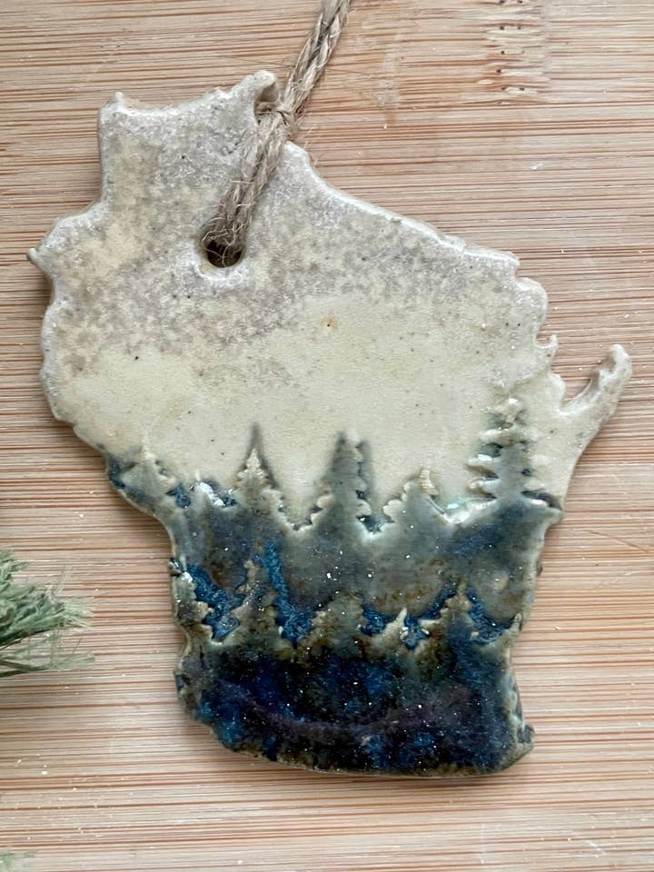 Rustic Wisconsin with Trees Ceramic Ornament for wholesale by Flow Art Studios