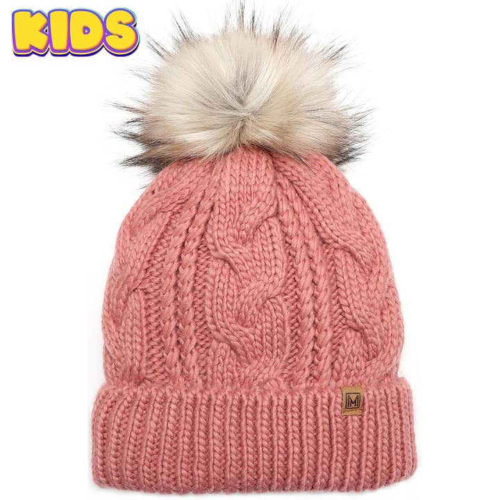 Fashion City - Wholesale Beanie - Kids - Kid's Cable Knitted Faux Fur Pom Beanie Hat10