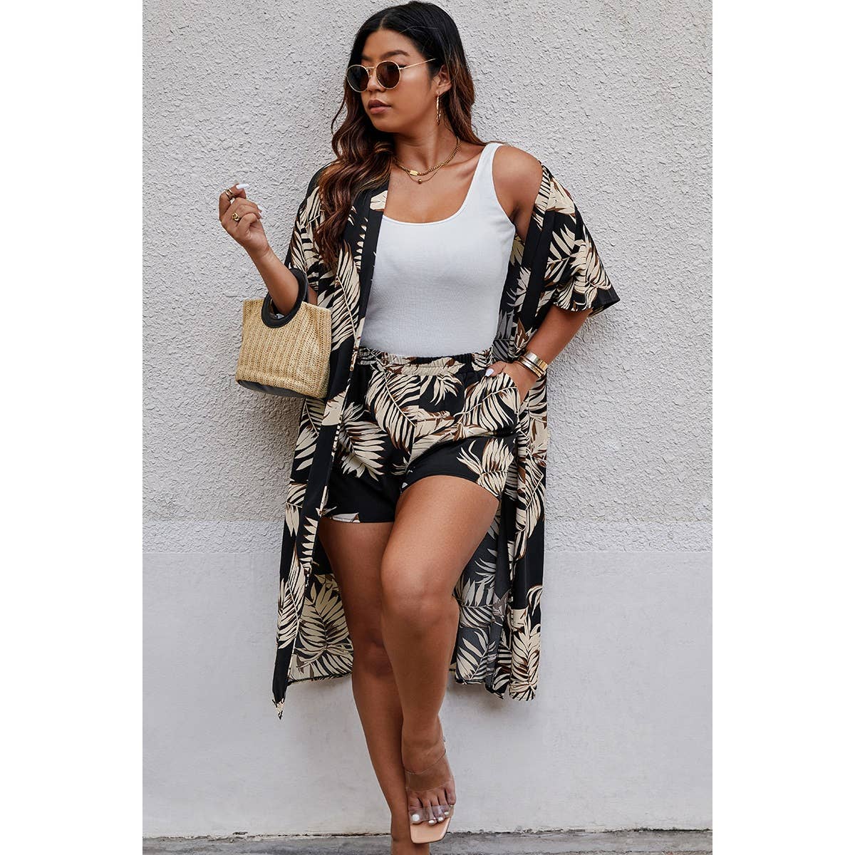 Supreme Fashion - Vendita all'ingrosso Completo top e pantaloncini (NON loungewear) - Donna - Set di pantaloncini elastici in vita con tasche con stampa a foglie Plus3