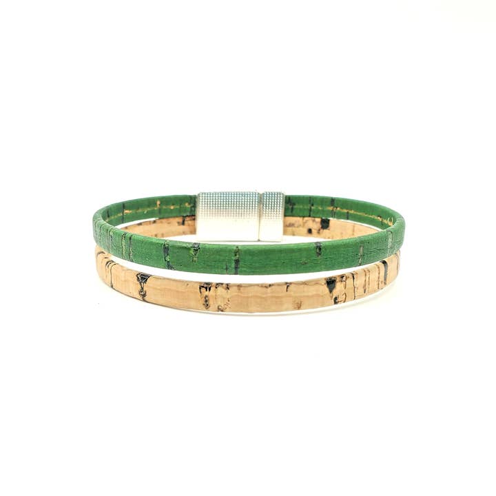 Tan & Green Cork Thin Magnetic Bracelet for wholesale by Gem Lounge Jewelry