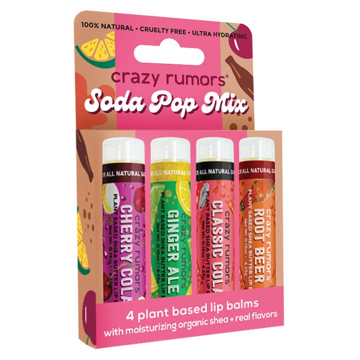 Crazy Rumors - Vendita all'ingrosso Set di burro di cacao - Confezione regalo da 4 balsami labbra - Mix di bibite gassate naturali e vegane1