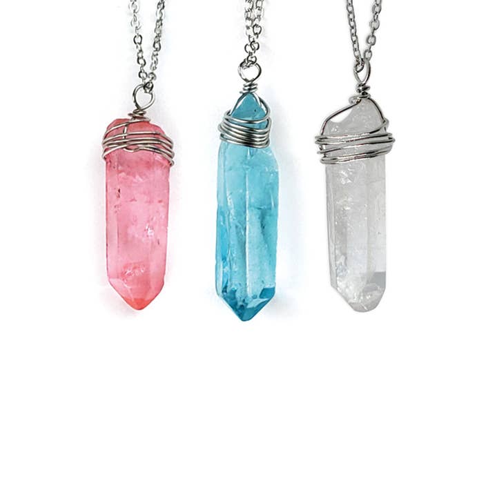 Wire Wrap Crystal Necklace, Pink Blue Clear Quartz Stone for wholesale by O Yeah Gifts
