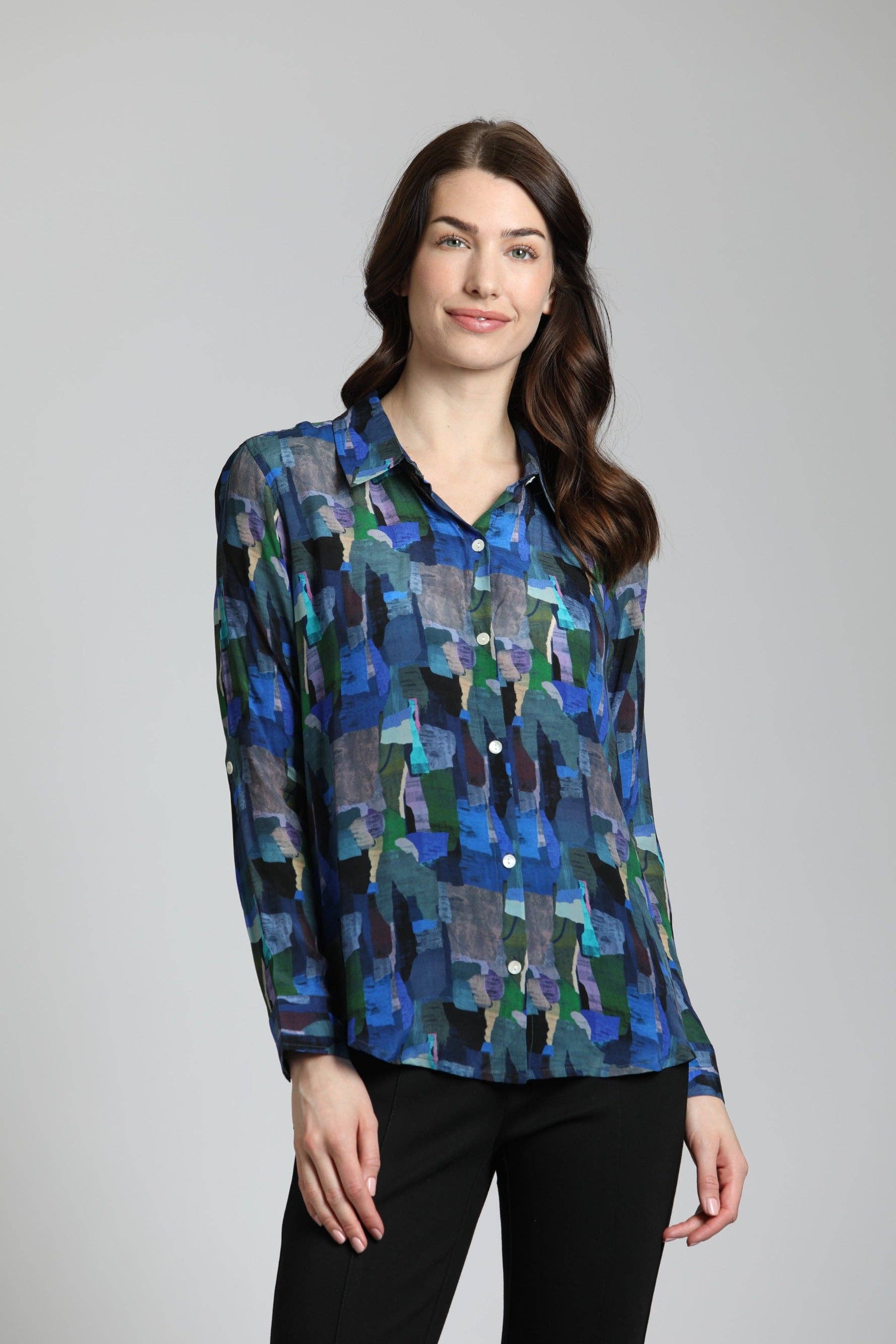MULTI Color Brushstrokes Print - Button Up With Roll Up Sleeve for wholesale on Faire0