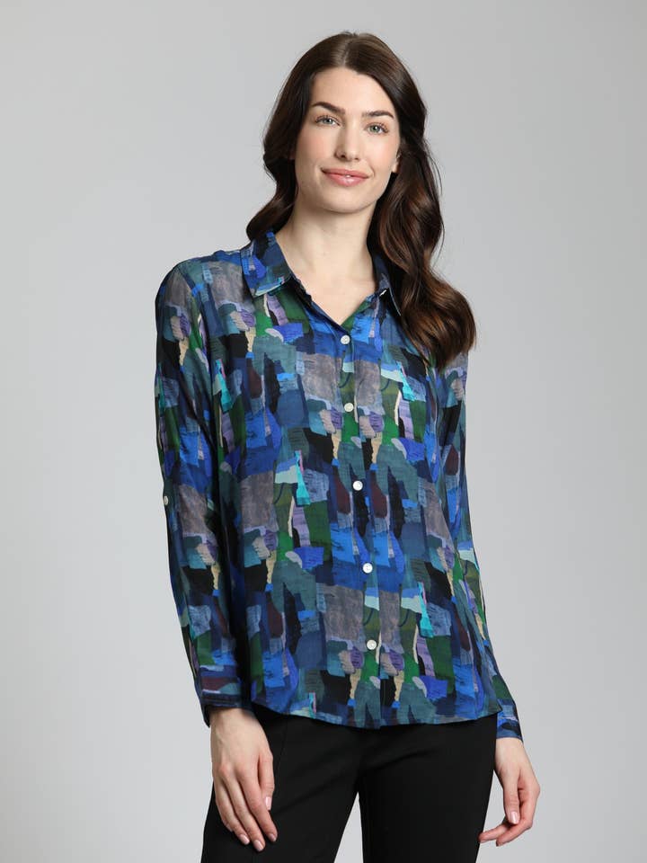 Impressão de pinceladas a cores - botão para cima com manga enrolada por atacado de APNY