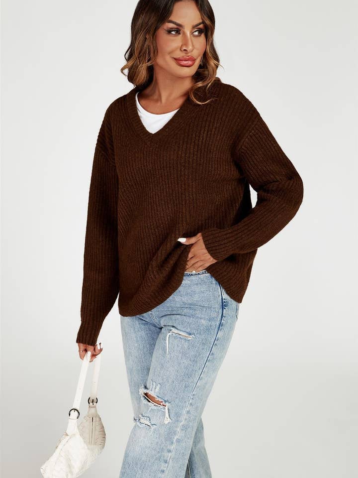 V Neck Jumper Top In Brown for wholesale on Faire5