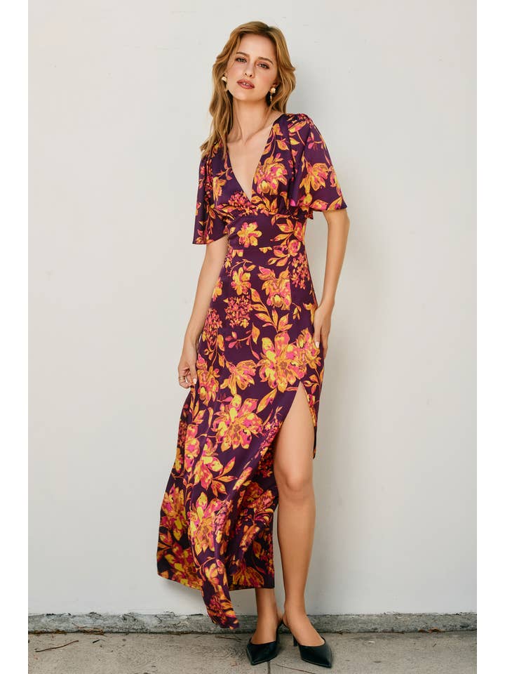 GOLDEN NIGHT Crimson Horizon Flutter Sleeve Plunging Maxi Dress (1) for wholesale on Faire