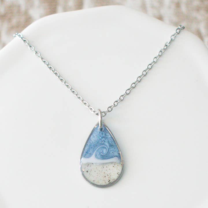 Custom Sand Necklace | Drop | Hand Painted Wave | Silver for wholesale by Sandy Beaches Shop