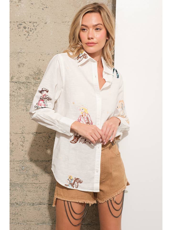 Blue B - Vendita all'ingrosso Camicia button down - Donna - Camicia in lino con bottoni e motivo ricamato da cowgirl western6